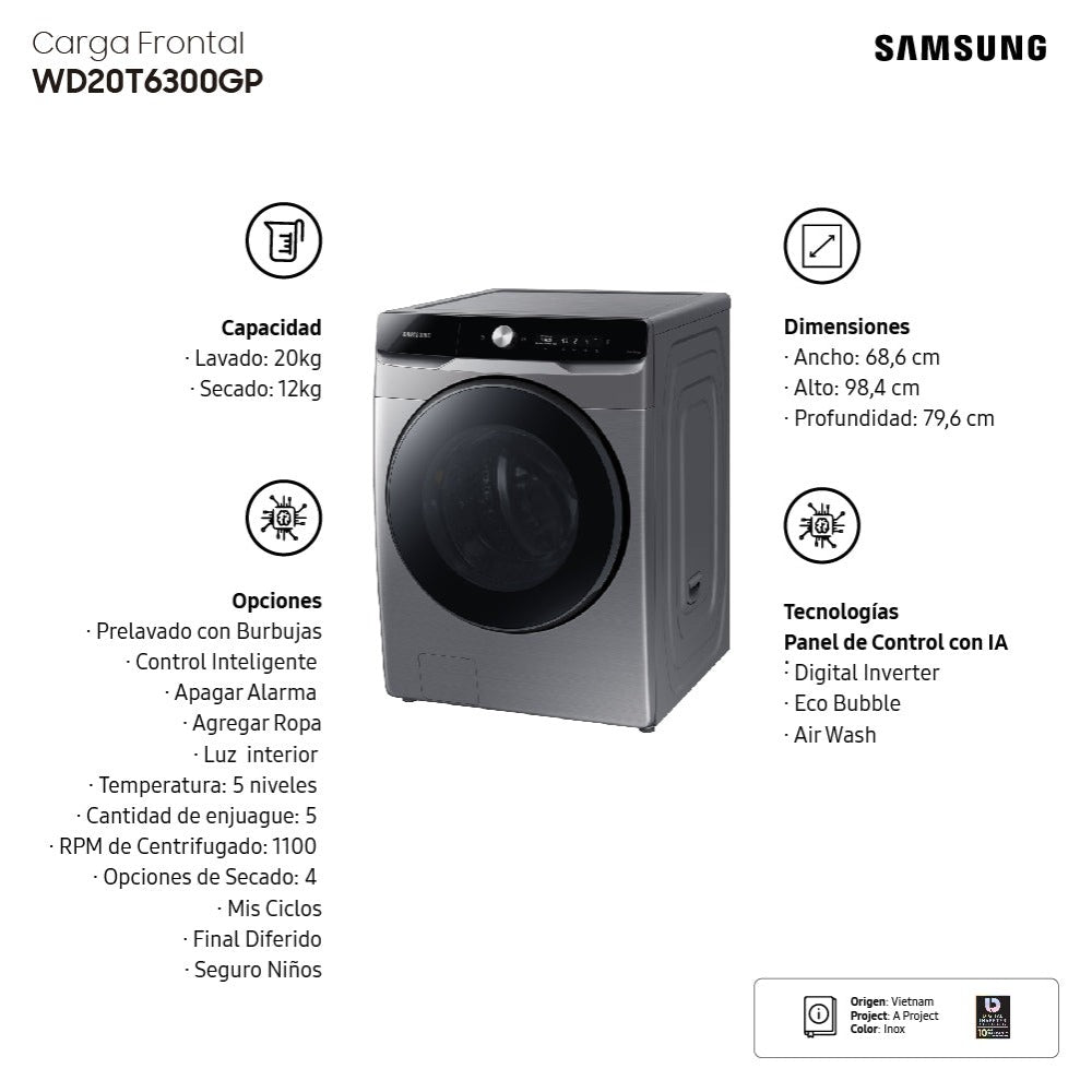Lavadora Secadora 20 Kg con IA Samsung Kitchen Center
