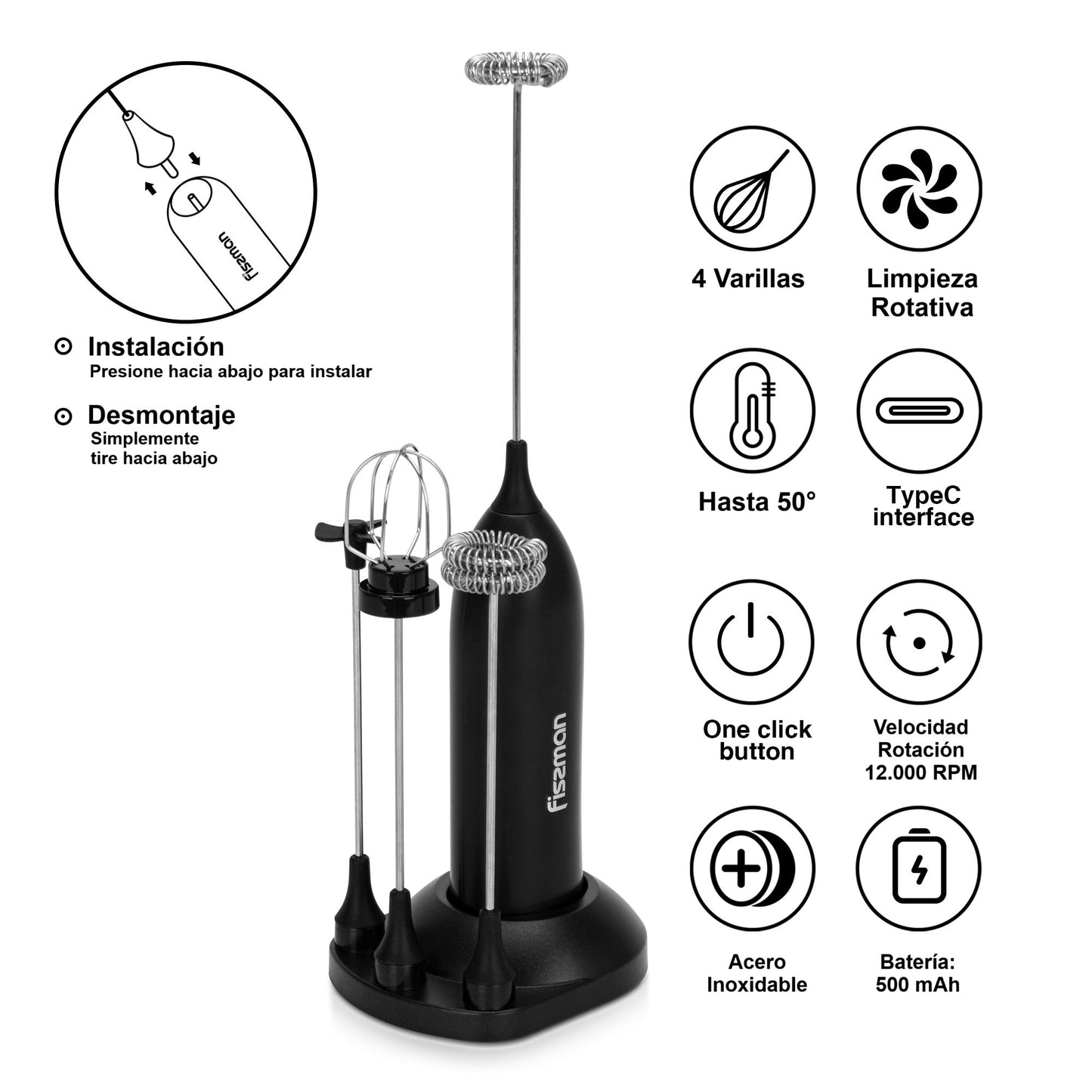 Mini Espumador Batidor Negro Portátil USB Fissman-Espumadores de Leche