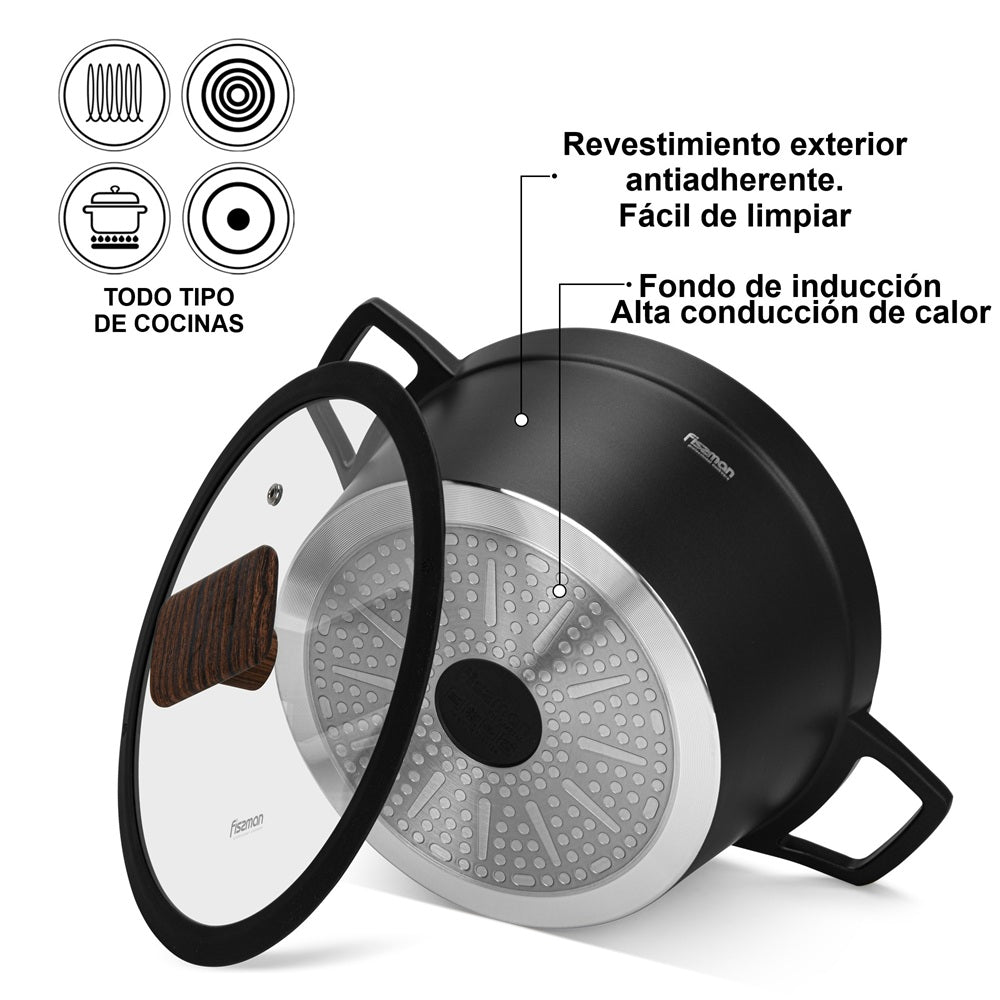 Olla Antiadhrente Filomena con Tapa De Cristal 5.7 Litros Fissman5#Negro