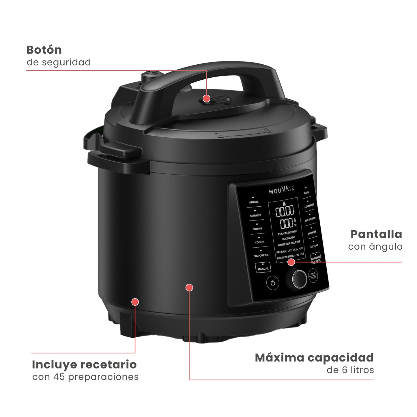 Olla Eléctrica Multifuncional Cook 6 Lts Mouvair + Recetario7#Negro