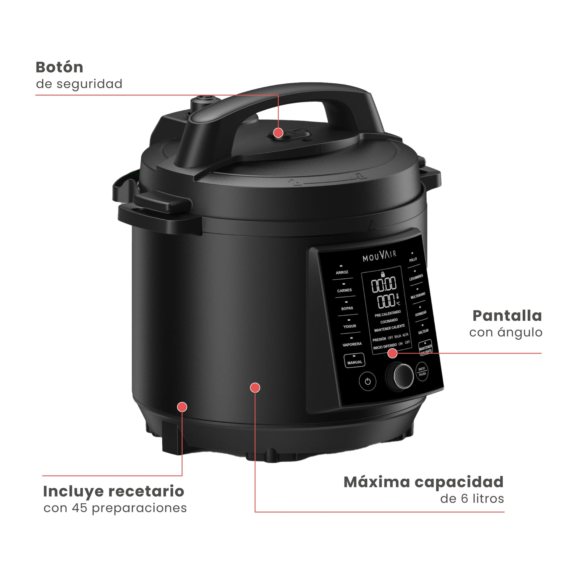 Olla Eléctrica Multifuncional Cook 6 Lts Mouvair + Recetario7#Negro