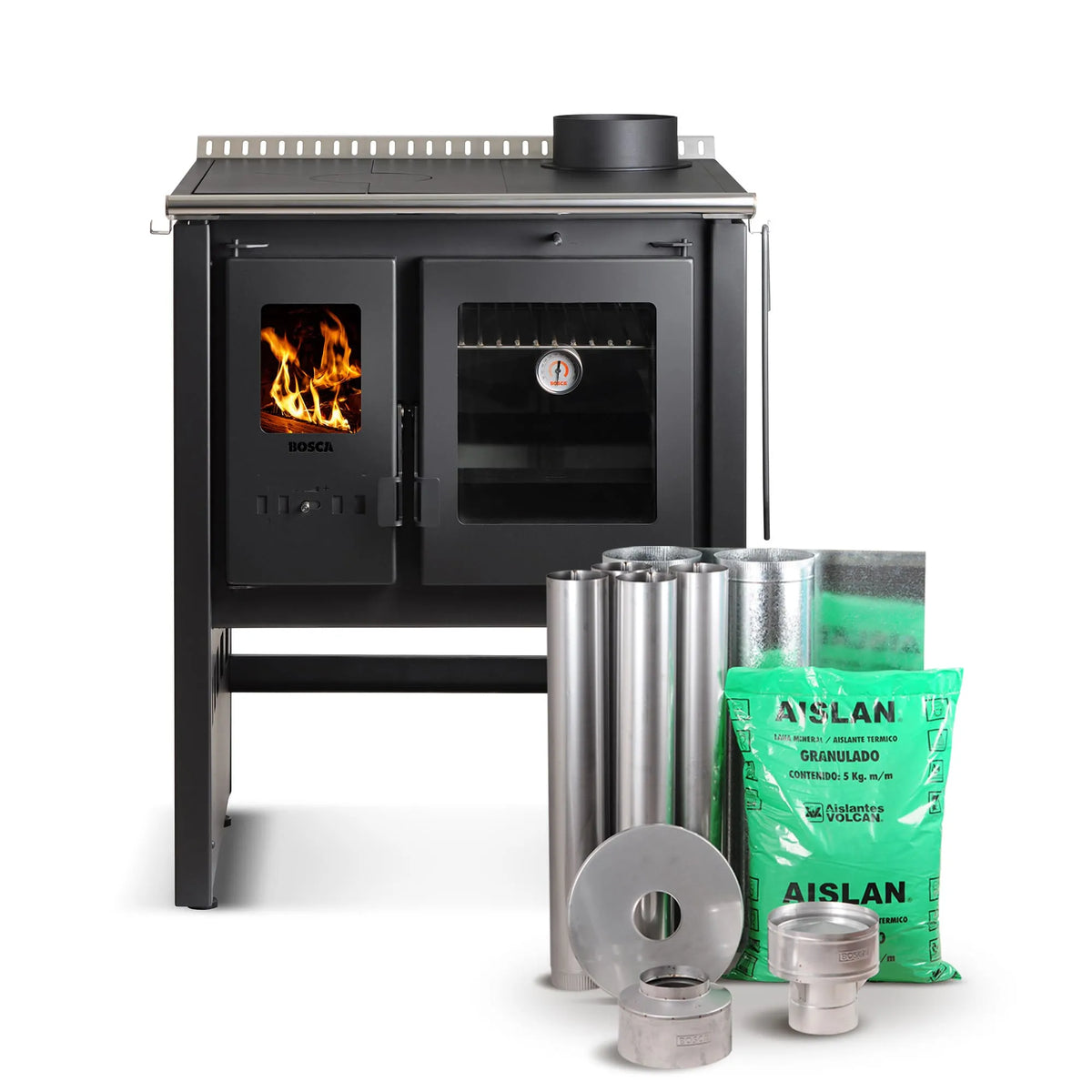 Pack Cocina A Leña Ares 70 + Kit Instalación Bosca2#Negro