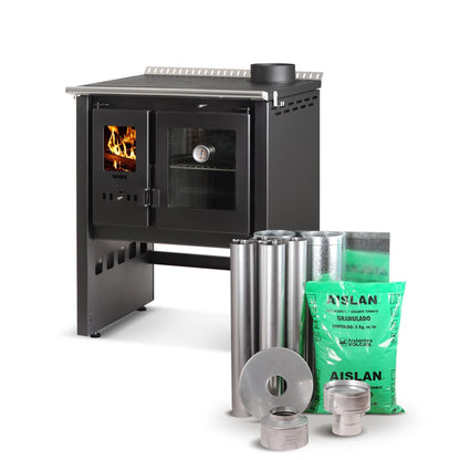 Pack Cocina A Leña Ares 70 + Kit Instalación Bosca1#Negro