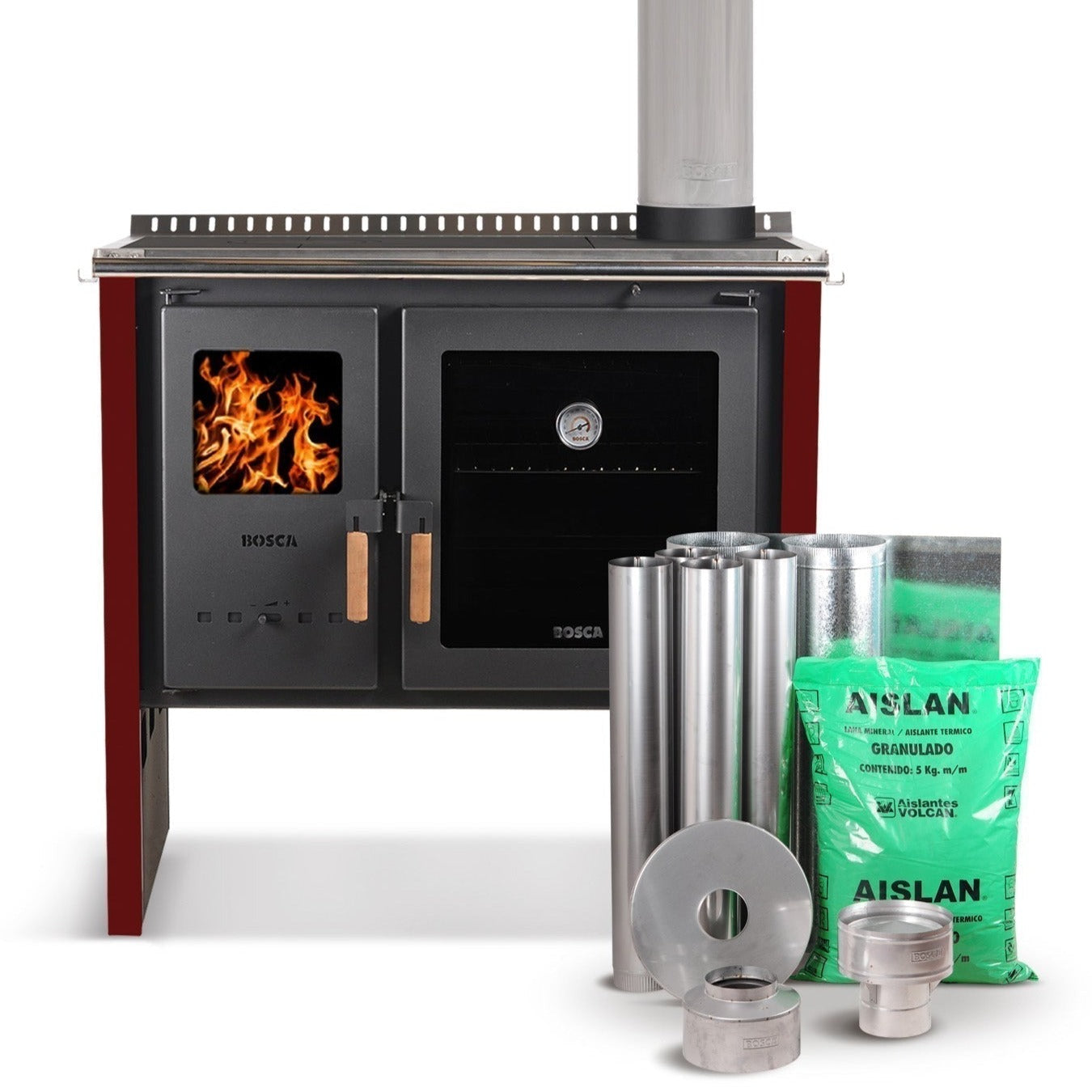 Pack Cocina Leña Hestia 90 Charcoal + Kit instalacion Bosca3#Burdeo / Burdeo