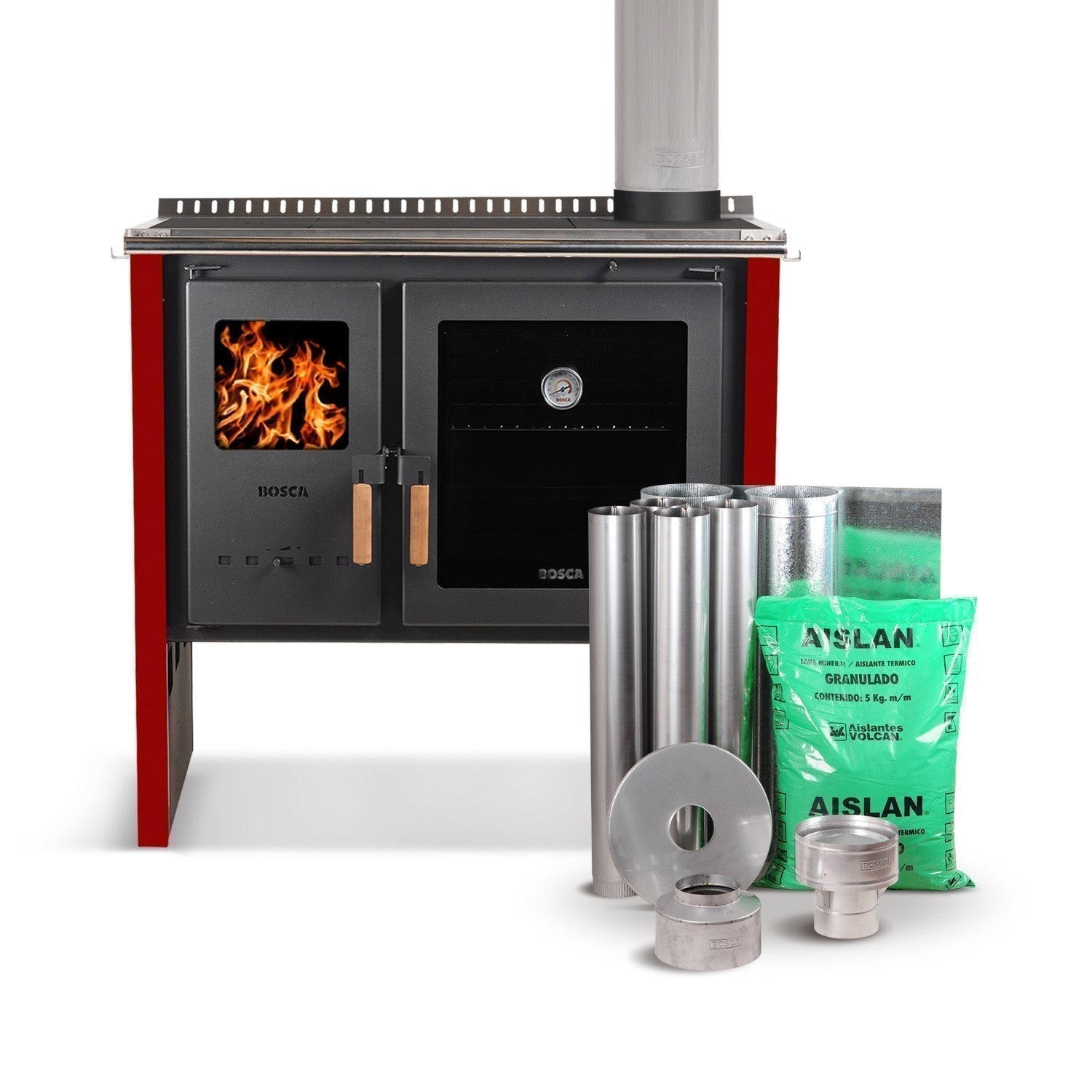 Pack Cocina Leña Hestia 90 Charcoal + Kit instalacion Bosca4#Rojo / Rojo