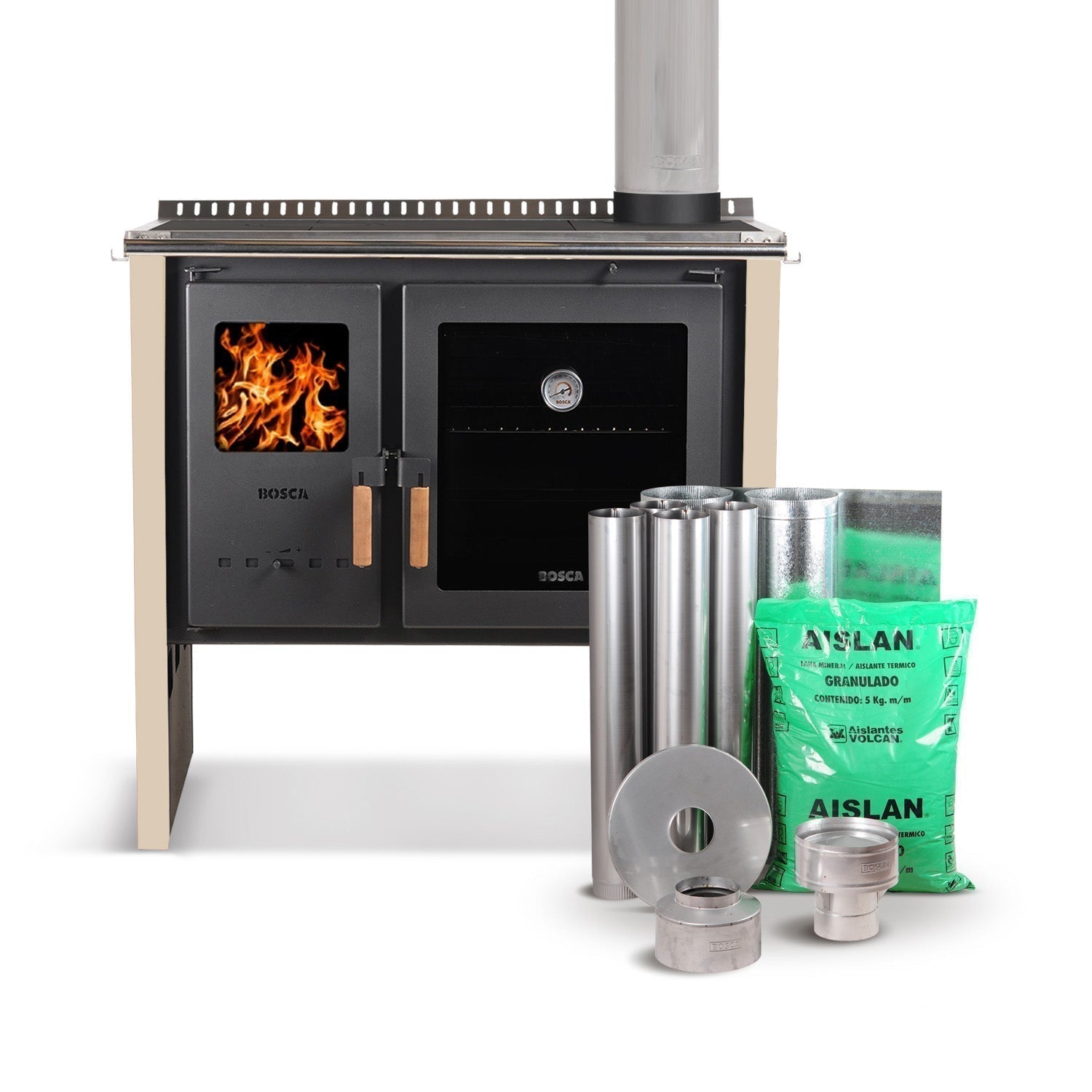 Pack Cocina Leña Hestia 90 Charcoal + Kit instalacion Bosca5#Beige / Beige