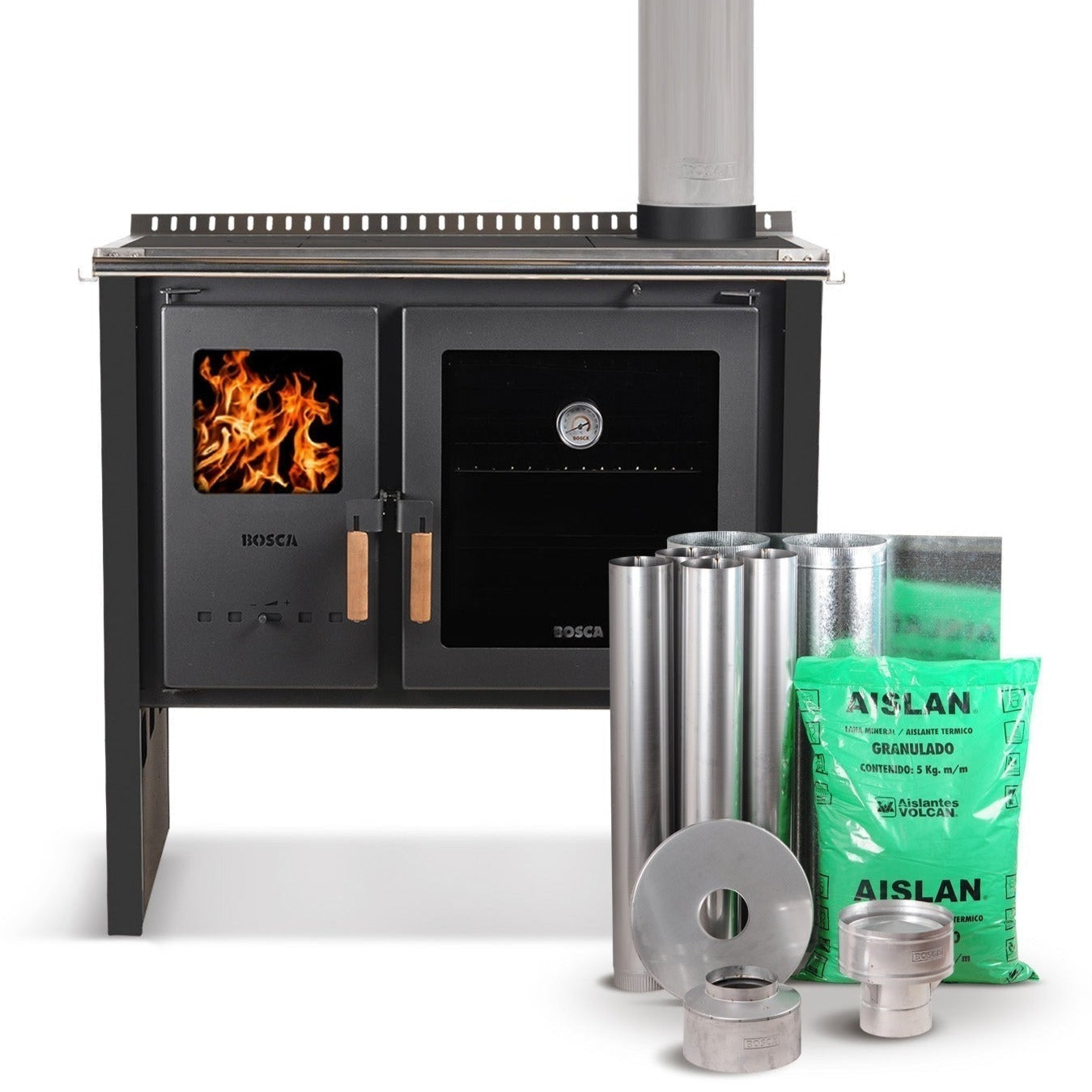 Pack Cocina Leña Hestia 90 Charcoal + Kit instalacion Bosca1#Negro / Negro
