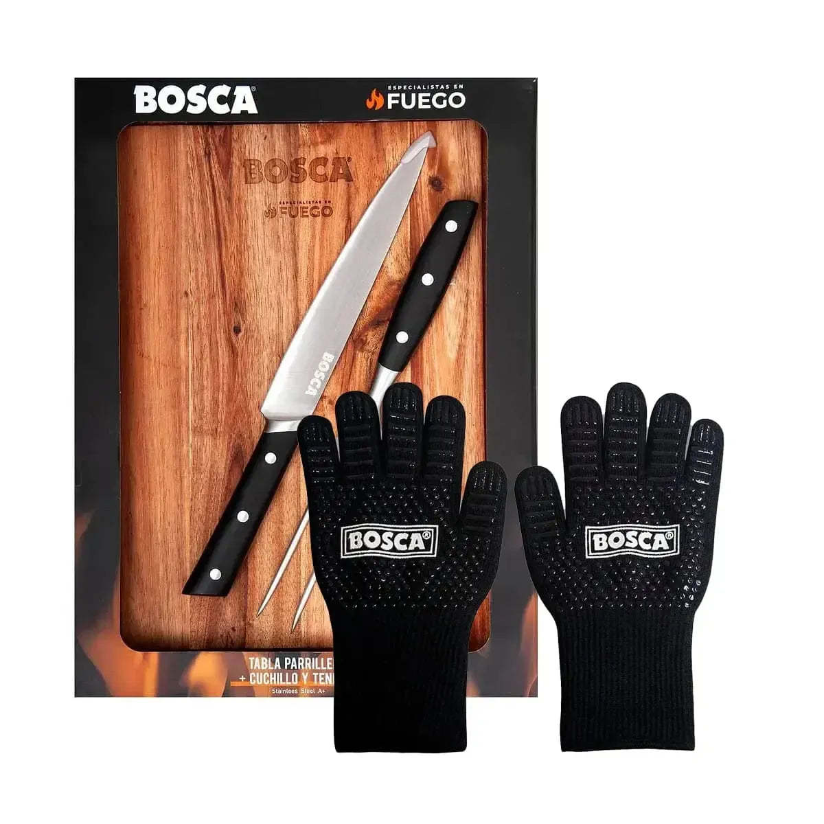 Pack Tabla Parrillera + Cuchillo y Tenedor +  Guantes Bosca1#Madera