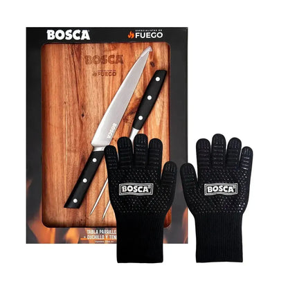 Pack Tabla Parrillera + Cuchillo y Tenedor +  Guantes Bosca1#Madera