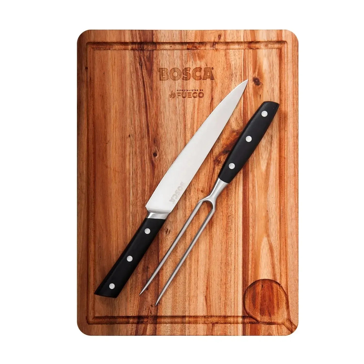 Pack Tabla Parrillera + Cuchillo y Tenedor +  Sartén Pequeño Bosca2#Madera