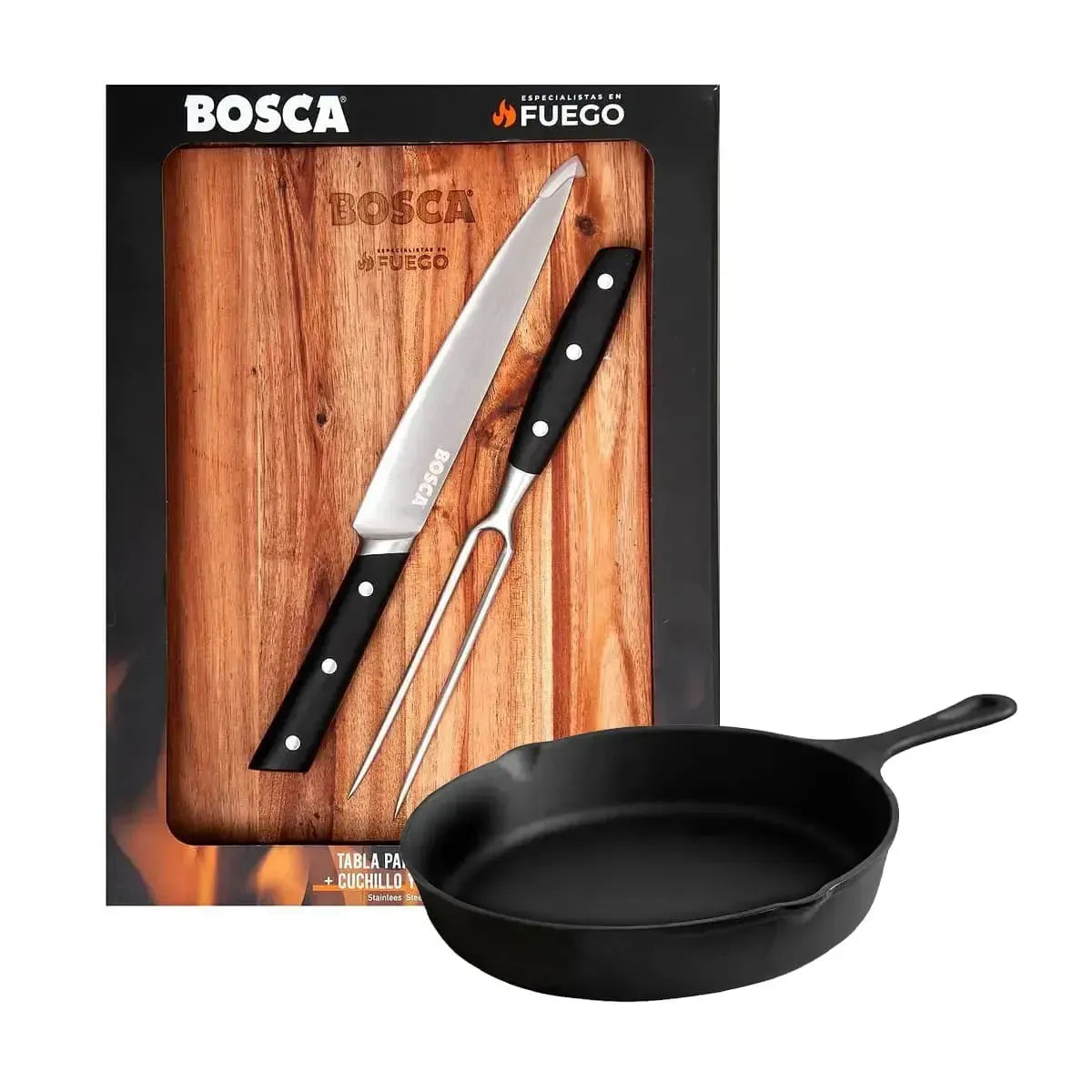 Pack Tabla Parrillera + Cuchillo y Tenedor +  Sartén Pequeño Bosca1#Madera