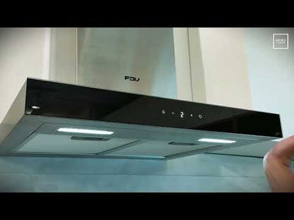 Campana de Pared Control Gestual Motion 60 cm 600 m³/h FDV, de acero inoxidable y cristal templado, con 3 velocidades y filtros de aluminio y carbón activado