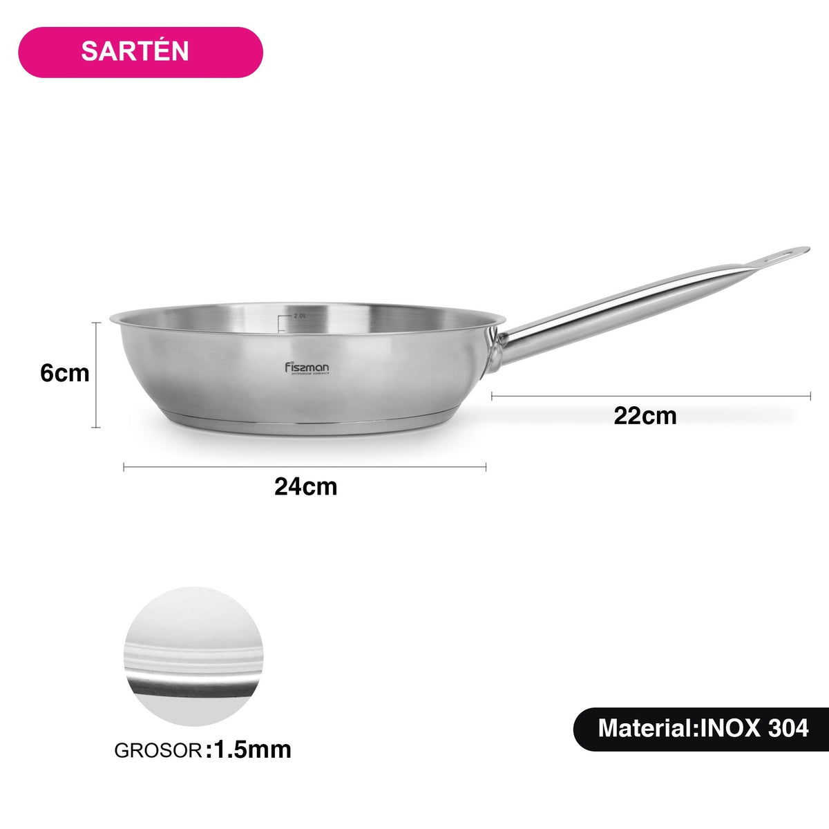 Sartén Professional Acero Inoxidable 24x6 cm Fissman-Sartenes