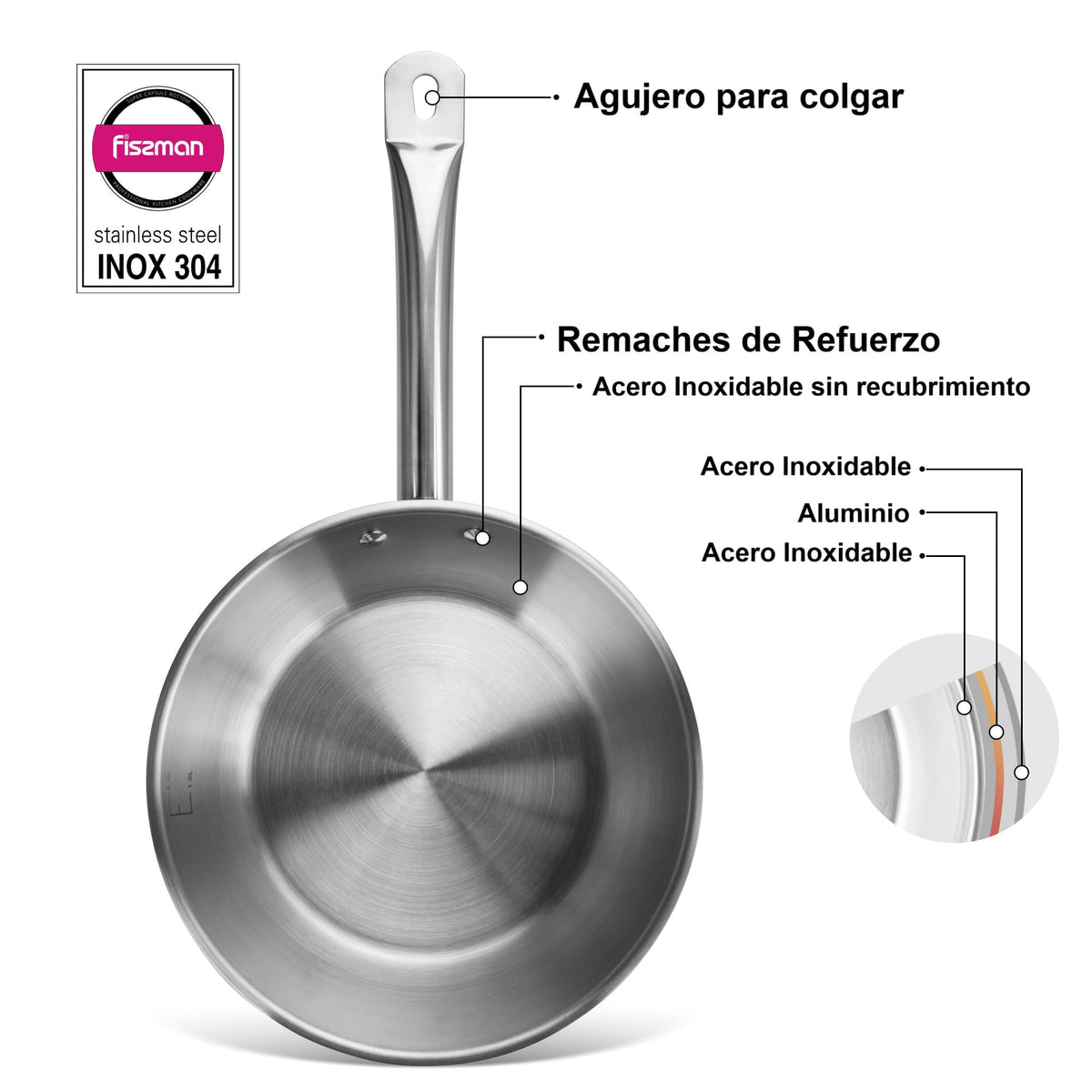 Sartén Professional Acero Inoxidable 24x6 cm Fissman-Sartenes
