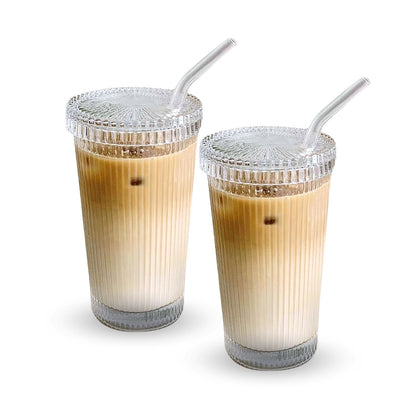Set 2 Vasos Vidrio Bombilla y Tapa Lineas 380ml Santú Home & Deco10#Blanco
