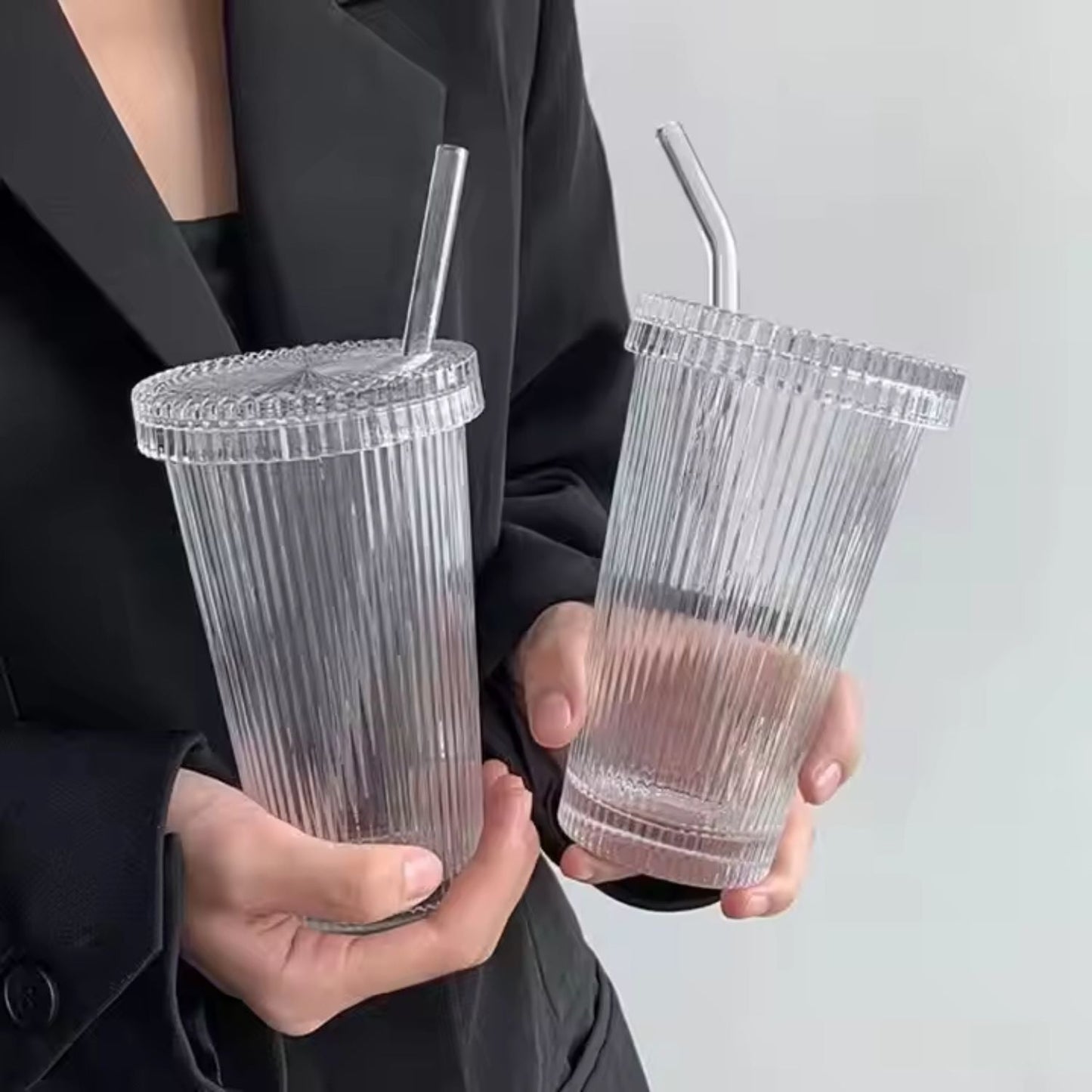 Set 2 Vasos Vidrio Bombilla y Tapa Lineas 380ml Santú Home & Deco2#Blanco