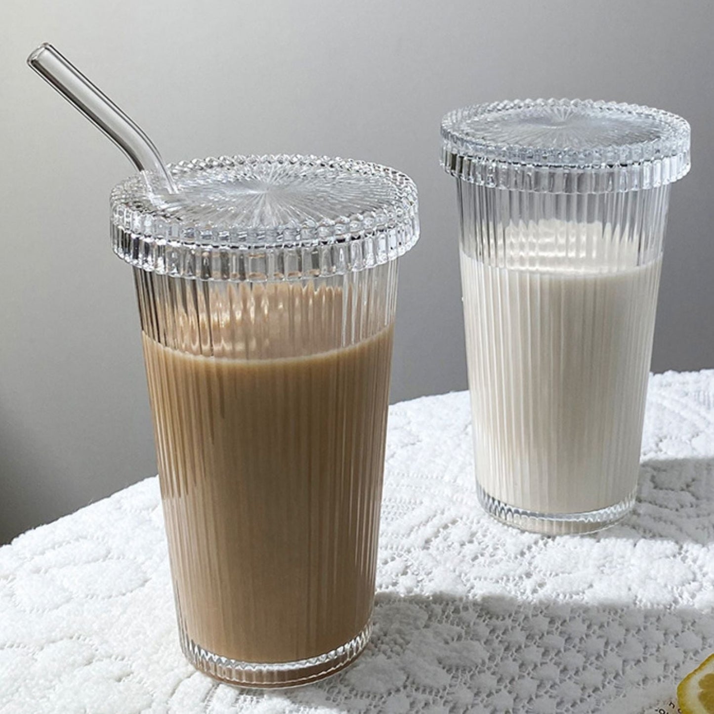 Set 2 Vasos Vidrio Bombilla y Tapa Lineas 380ml Santú Home & Deco7#Blanco