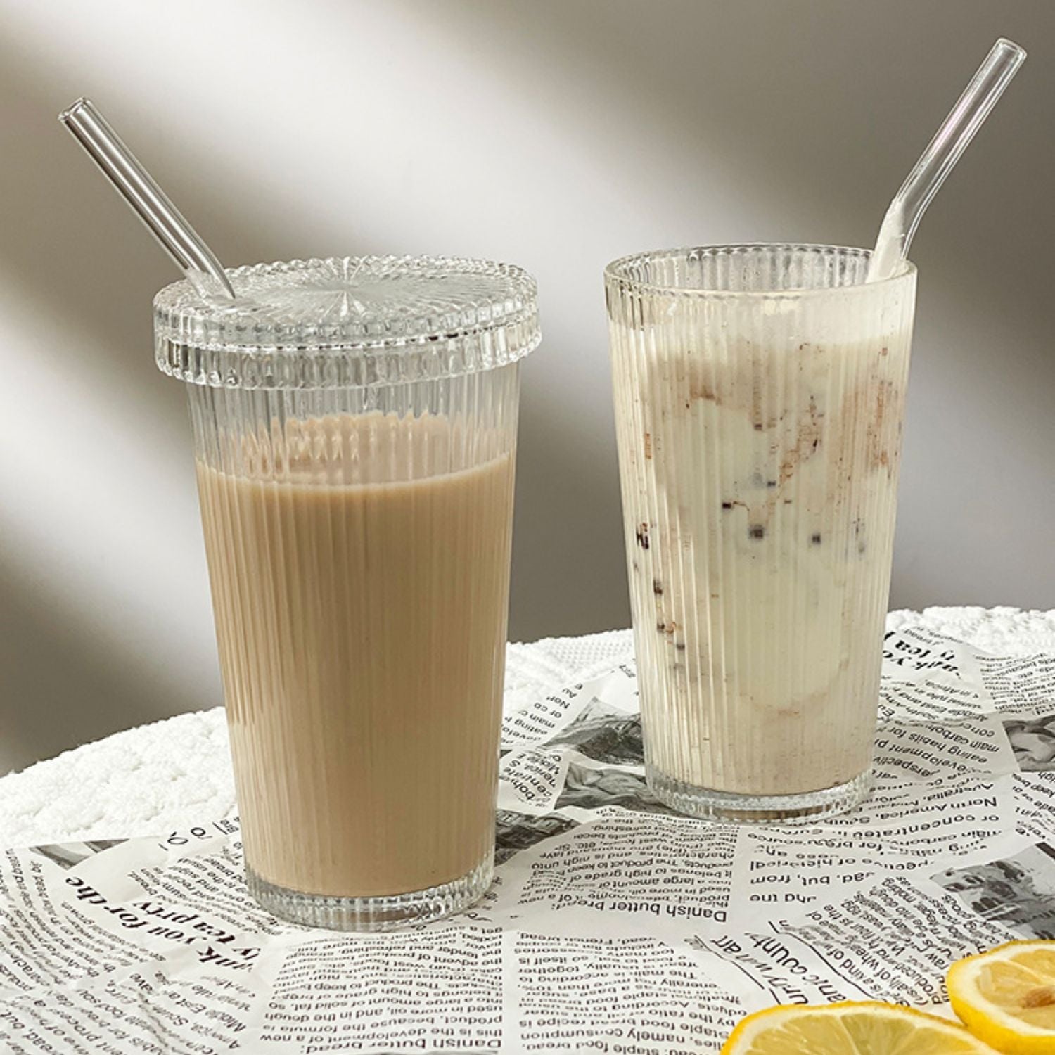 Set 2 Vasos Vidrio Bombilla y Tapa Lineas 380ml Santú Home & Deco8#Blanco