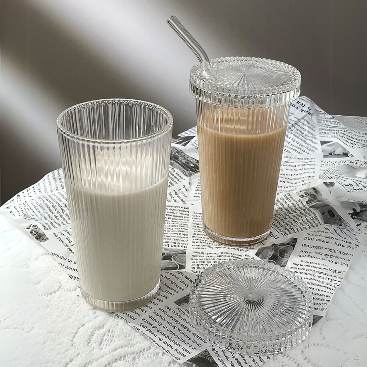 Set 2 Vasos Vidrio Bombilla y Tapa Lineas 380ml Santú Home & Deco9#Blanco
