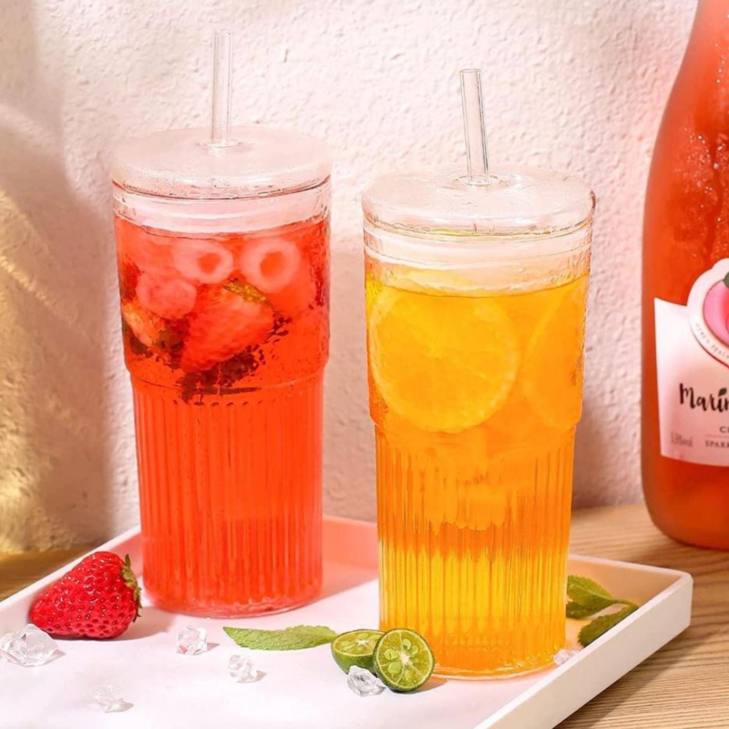 Set 2 Vasos Vidrio Bombilla y Tapa Perlado 500ml Santú Home & Deco7#Sin Color