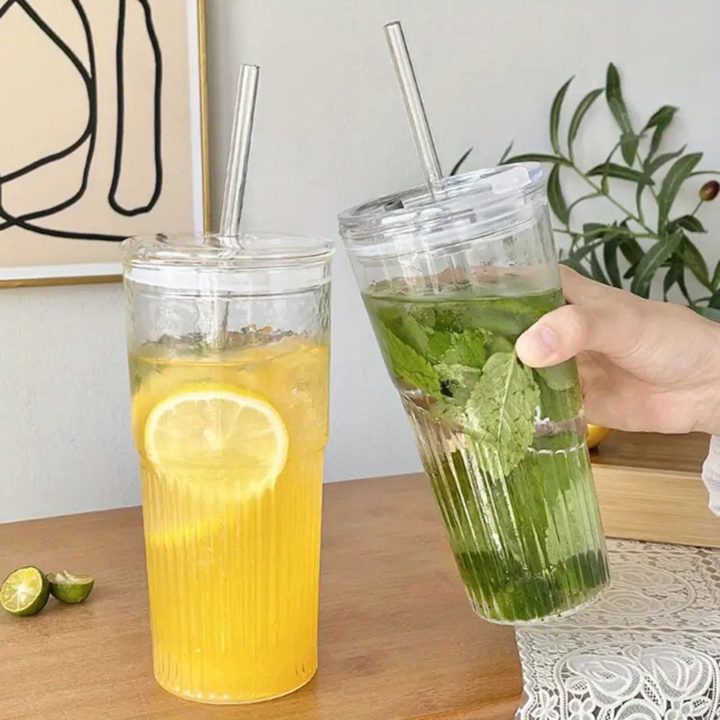 Set 2 Vasos Vidrio Bombilla y Tapa Perlado 500ml Santú Home & Deco1#Sin Color