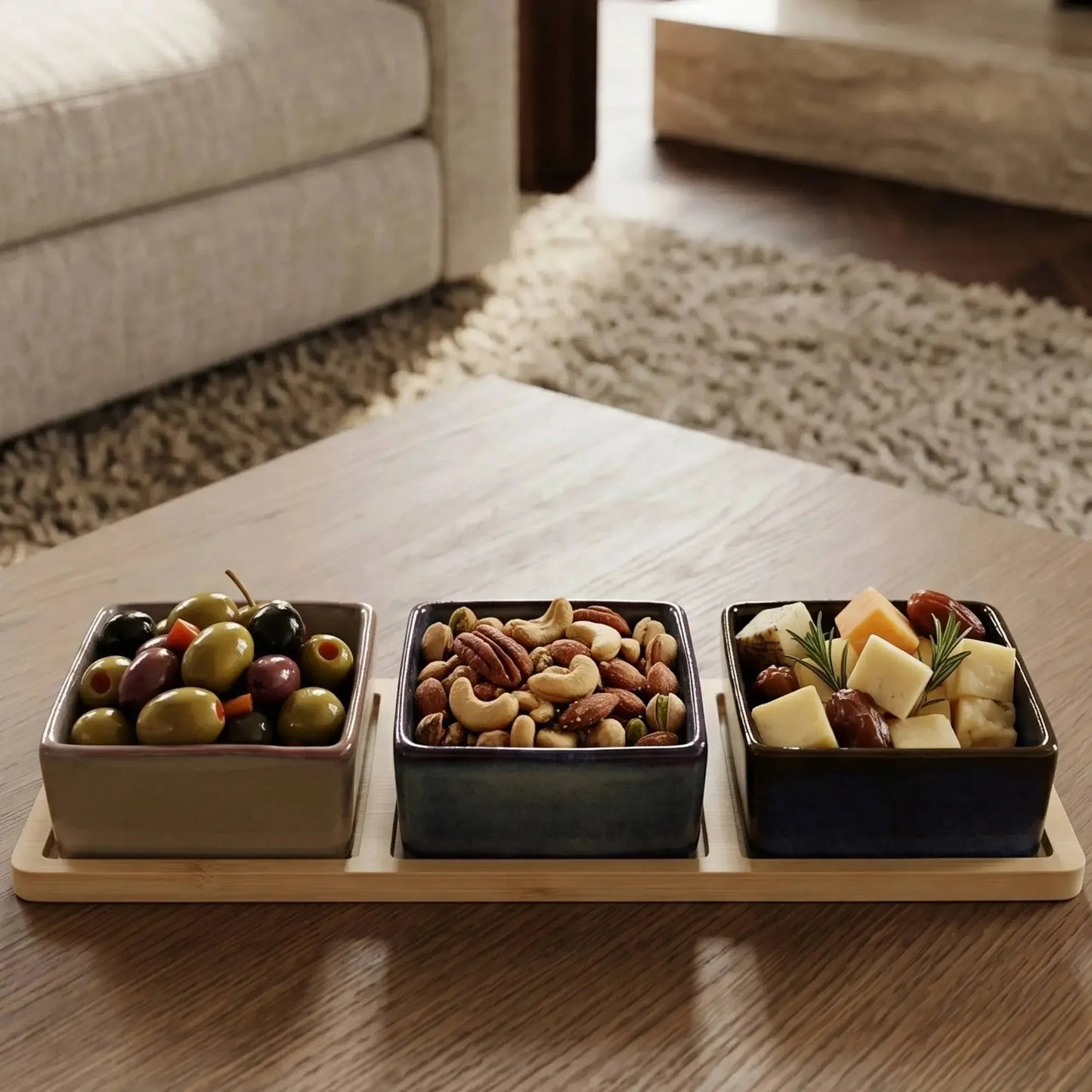 Set 3 Bowls Ceramica Cuadrados en Bandeja Bamboo 28 cm-Tablas