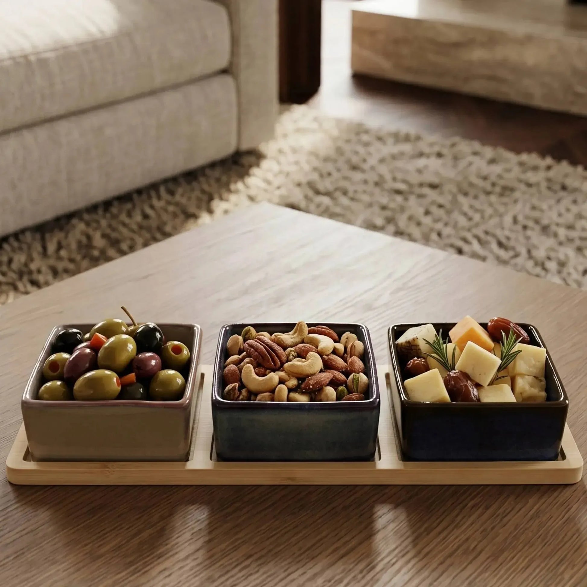 Set 3 Bowls Ceramica Cuadrados en Bandeja Bamboo 28 cm-Tablas