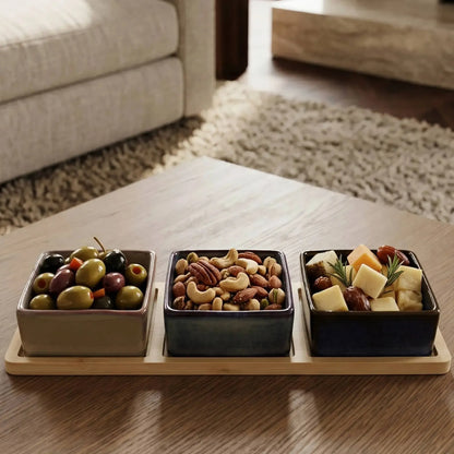 Set 3 Bowls Ceramica Cuadrados en Bandeja Bamboo 28 cm-Tablas