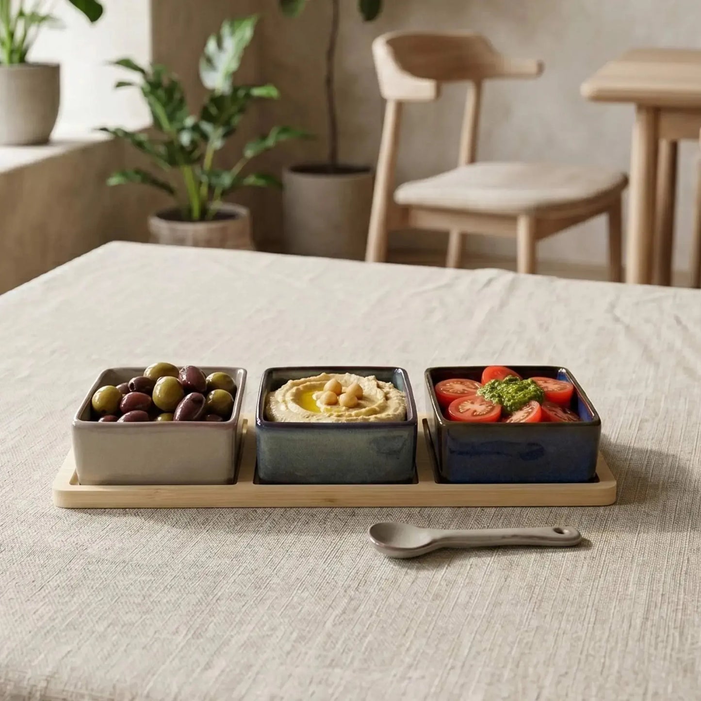 Set 3 Bowls Ceramica Cuadrados en Bandeja Bamboo 28 cm-Tablas