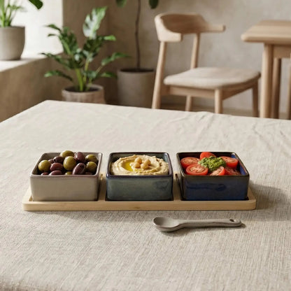 Set 3 Bowls Ceramica Cuadrados en Bandeja Bamboo 28 cm-Tablas