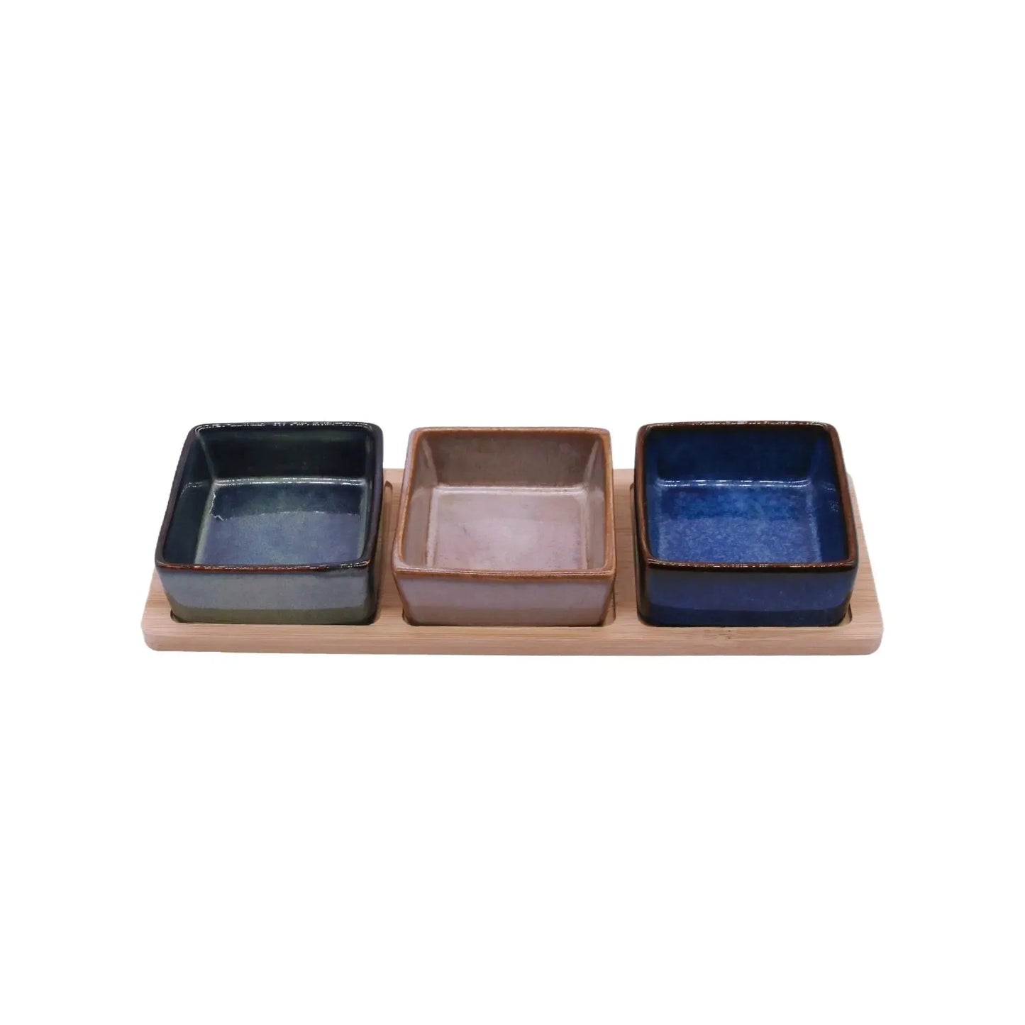 Set 3 Bowls Ceramica Cuadrados en Bandeja Bamboo 28 cm-Tablas