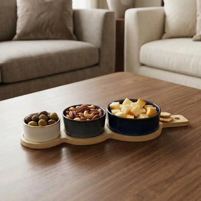 Set 3 Bowls Ceramica en 3 Tamanos con Bandeja Bamboo Asa 35 cm-Tablas