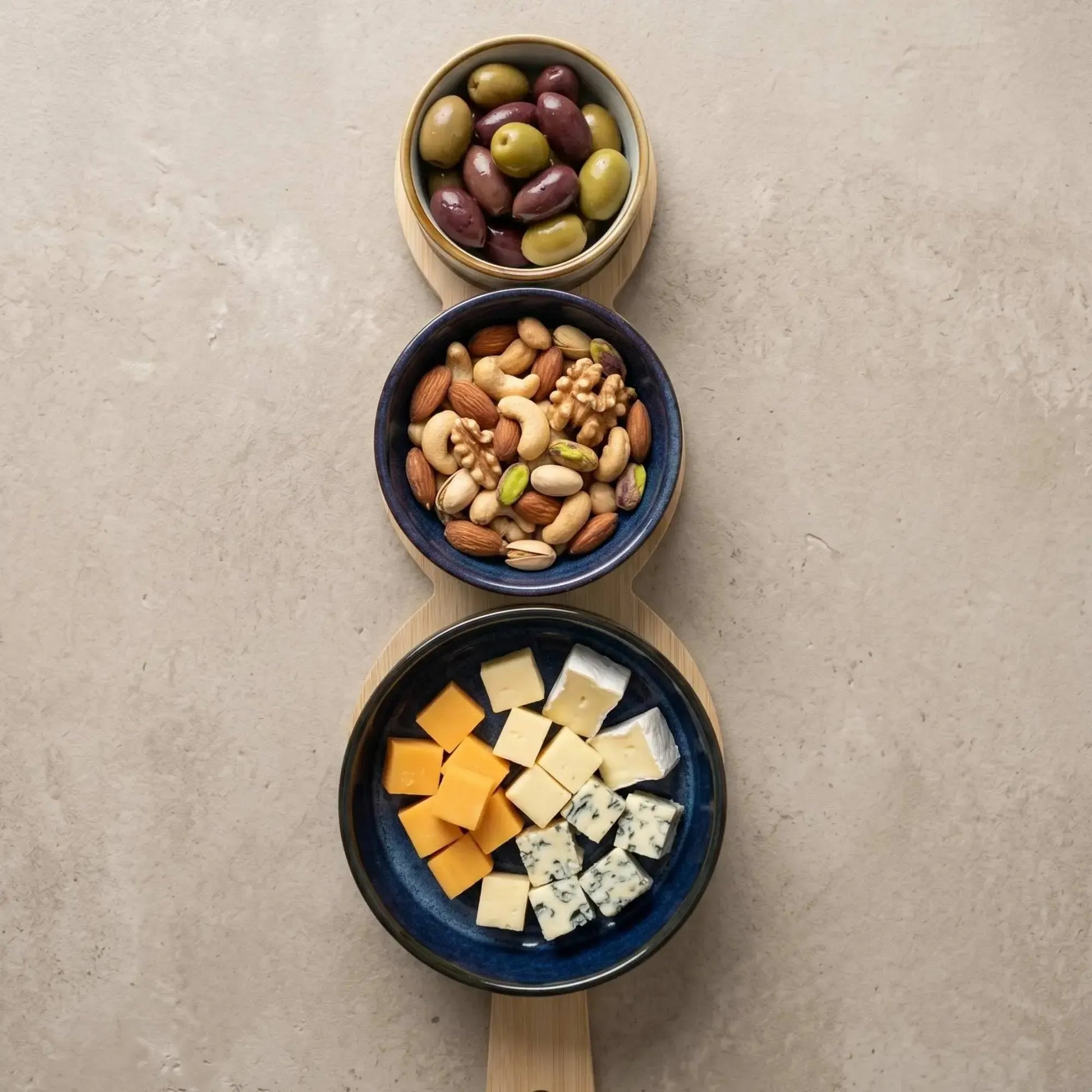 Set 3 Bowls Ceramica en 3 Tamanos con Bandeja Bamboo Asa 35 cm-Tablas
