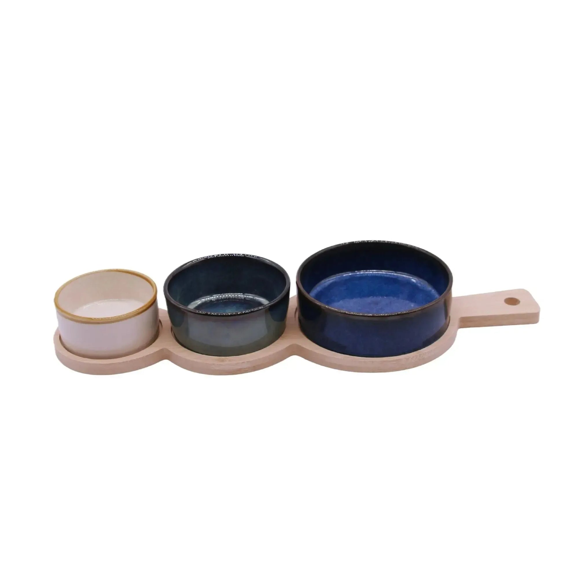 Set 3 Bowls Ceramica en 3 Tamanos con Bandeja Bamboo Asa 35 cm-Tablas