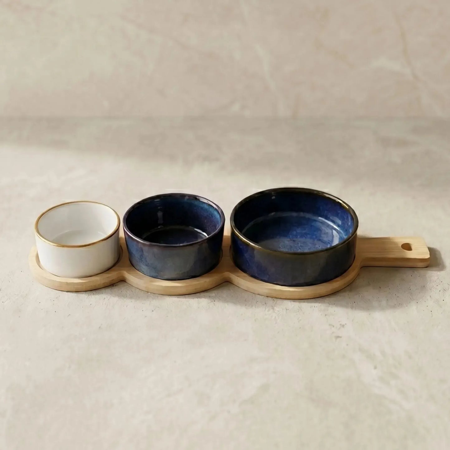 Set 3 Bowls Ceramica en 3 Tamanos con Bandeja Bamboo Asa 35 cm-Tablas