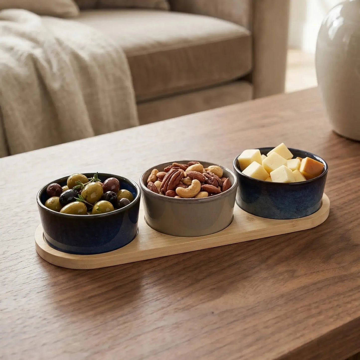Set 3 Bowls Ceramica Redondos en Bandeja Bamboo 28 cm-Tablas