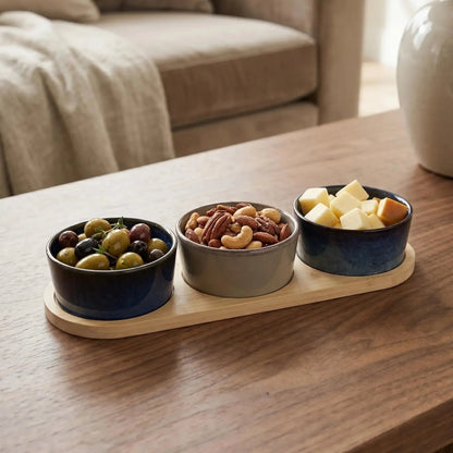 Set 3 Bowls Ceramica Redondos en Bandeja Bamboo 28 cm-Tablas
