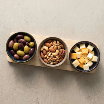 Set 3 Bowls Ceramica Redondos en Bandeja Bamboo 28 cm-Tablas
