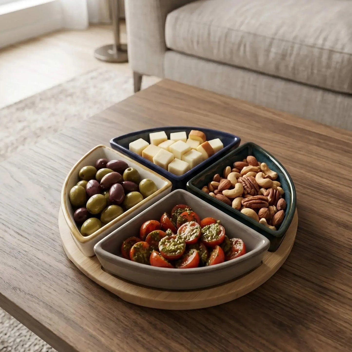 Set 4 Bowls Ceramica en Bandeja Bamboo Redonda 22 cm-Tablas