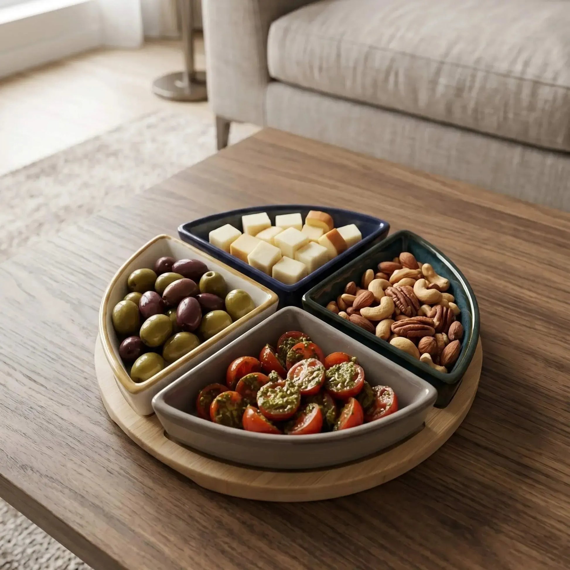 Set 4 Bowls Ceramica en Bandeja Bamboo Redonda 22 cm-Tablas