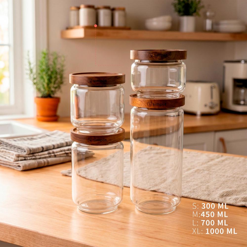 Set 4 Contenedores Herméticos Vidrio Tapa Madera Dublín Simplit-Contenedores de Vidrio