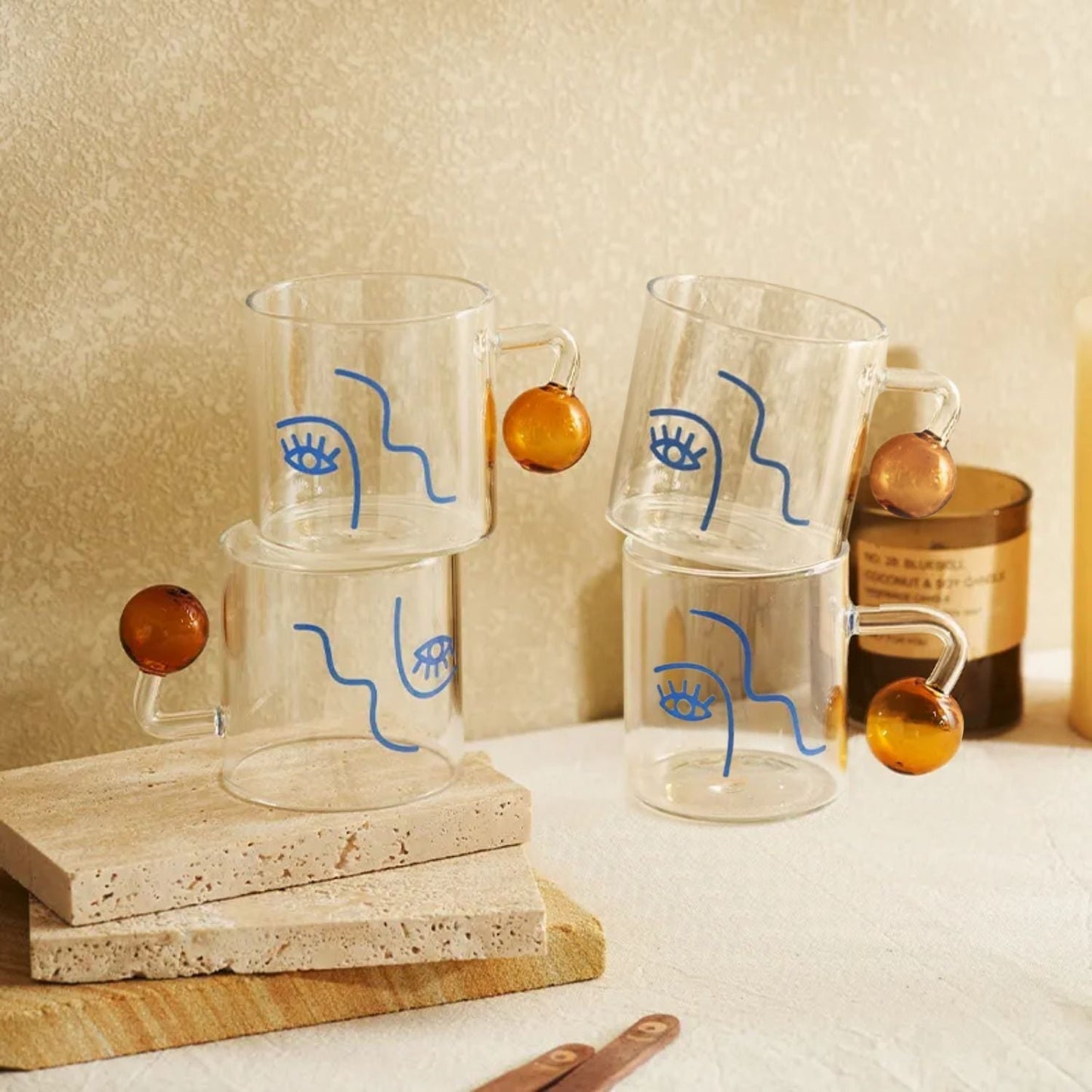 Set 4 Tazas Vidrio Diseño Arte 180ml Santú Home & Deco1#Blanco