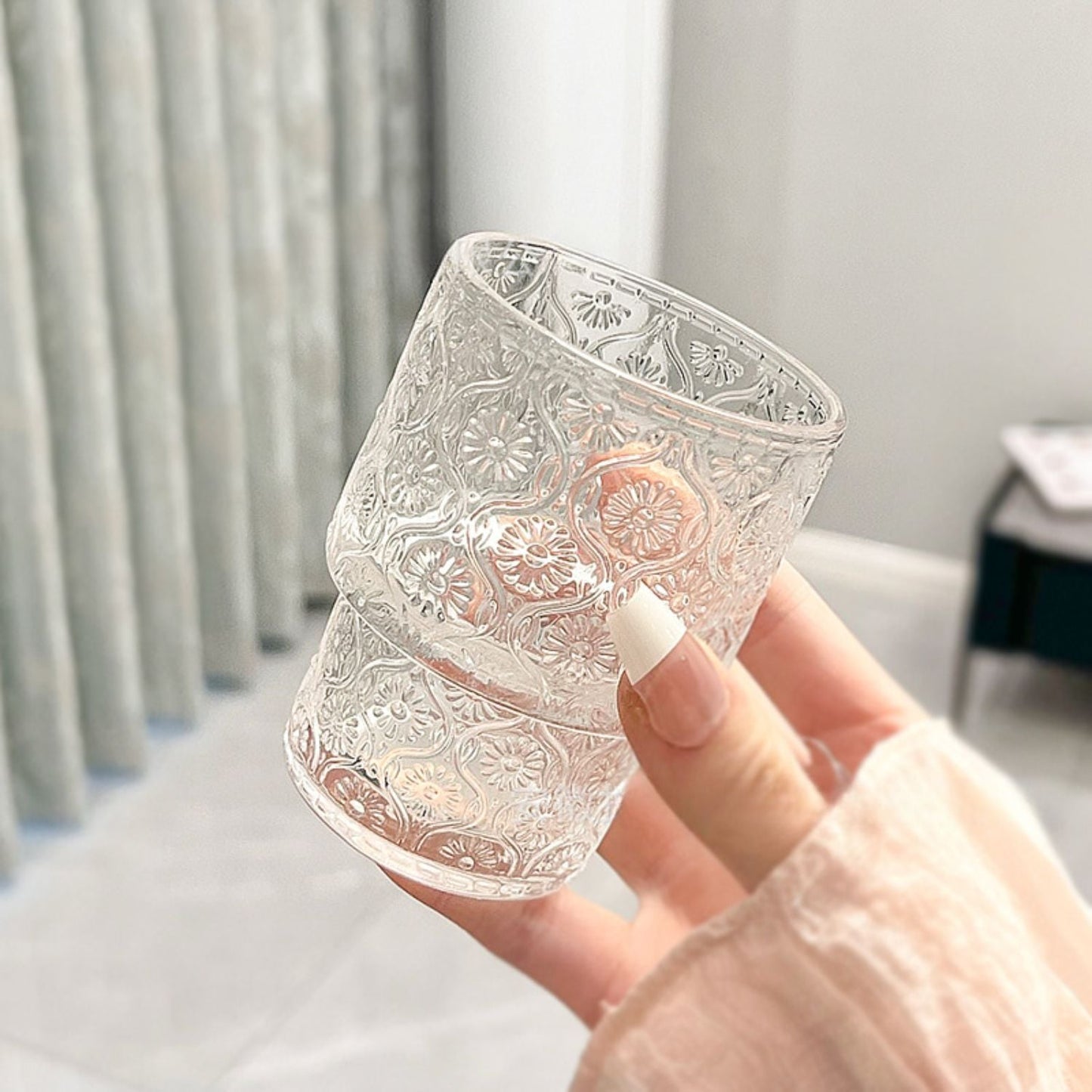 Set 4 Vasos Vidrio Relieve Flor Begonia 180ml Santú Home & Deco2#Blanco