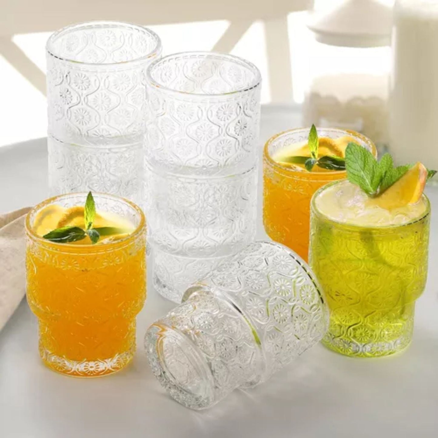 Set 4 Vasos Vidrio Relieve Flor Begonia 180ml Santú Home & Deco3#Blanco