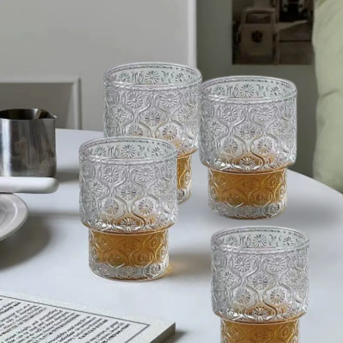 Set 4 Vasos Vidrio Relieve Flor Begonia 180ml Santú Home & Deco9#Blanco