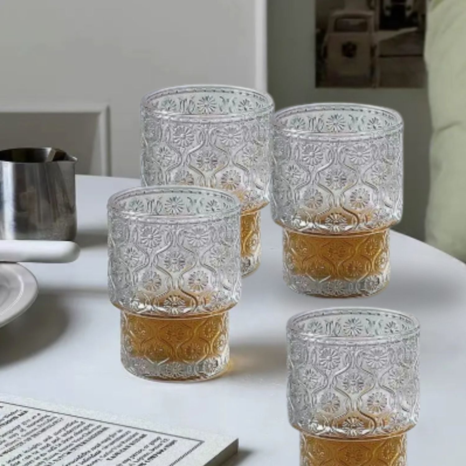 Set 4 Vasos Vidrio Relieve Flor Begonia 180ml Santú Home & Deco9#Blanco