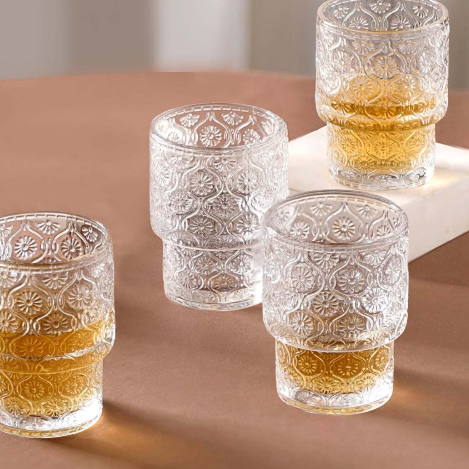 Set 4 Vasos Vidrio Relieve Flor Begonia 180ml Santú Home & Deco1#Blanco