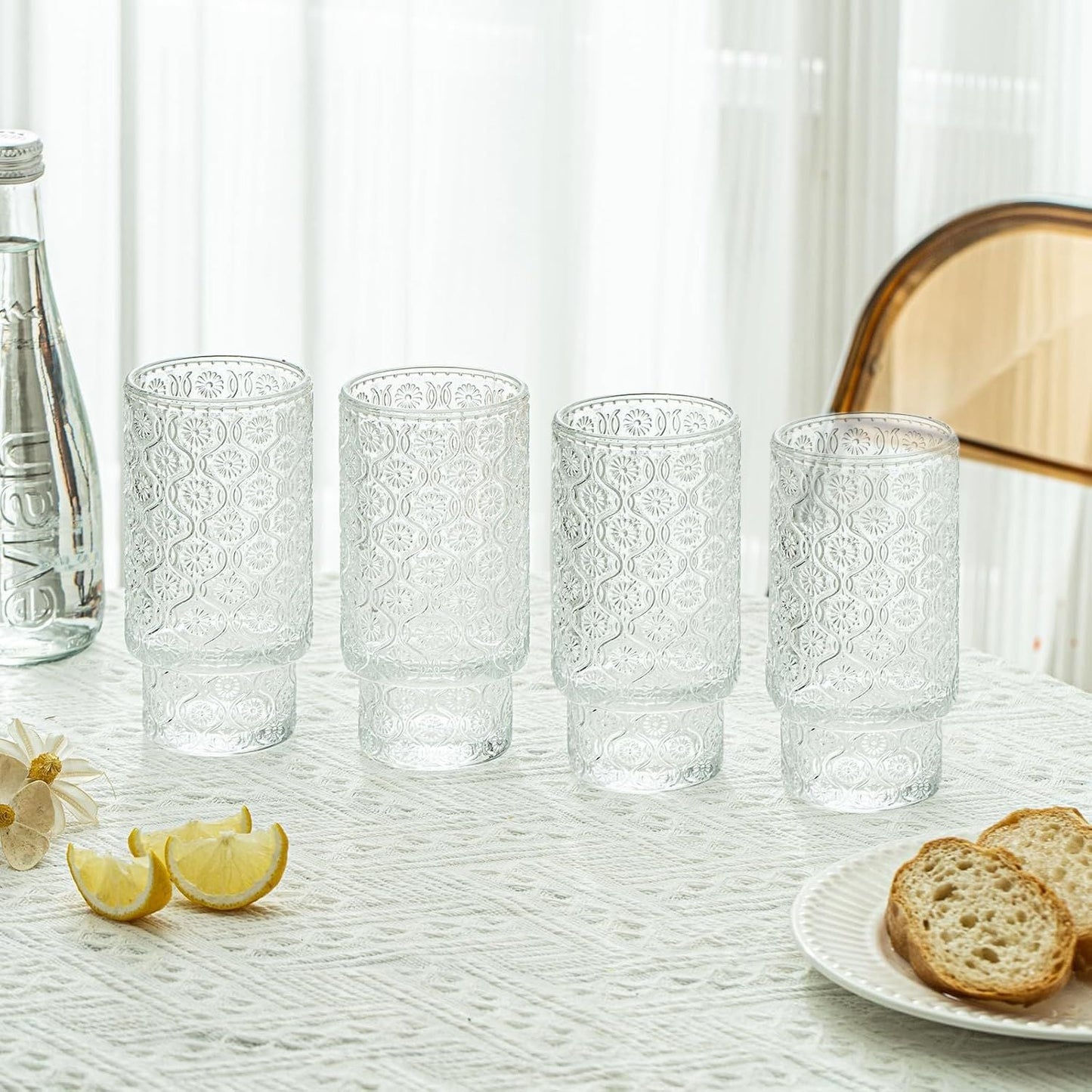 Set 4 Vasos Vidrio Relieve Flor Begonia 280ml Santú Home & Deco2#Blanco
