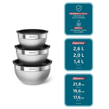Set Bowls Acero Inoxidable Multiuso Tapa Plástico 3 Un Fensa8#Gris