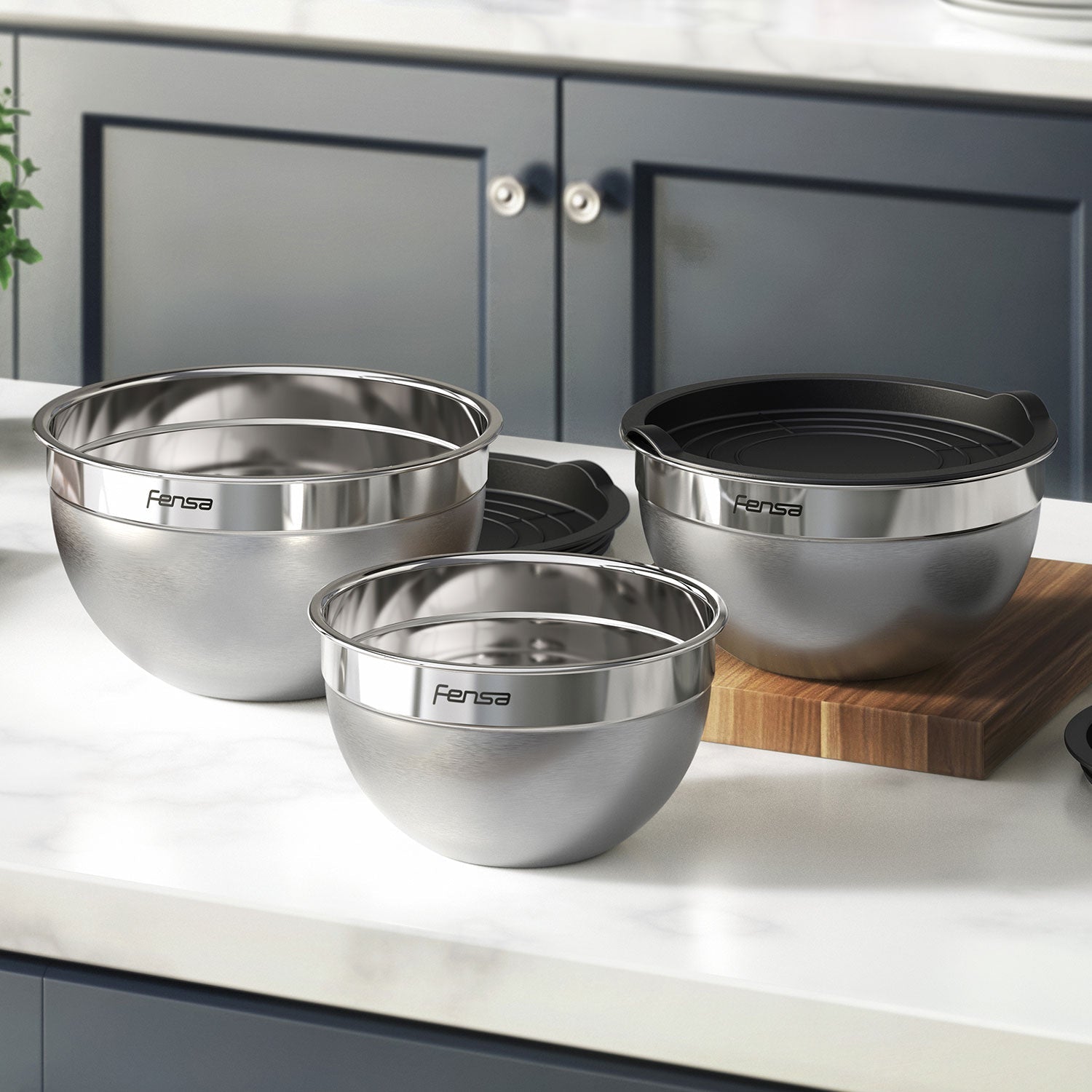 Set Bowls Acero Inoxidable Multiuso Tapa Plástico 3 Un Fensa1#Gris